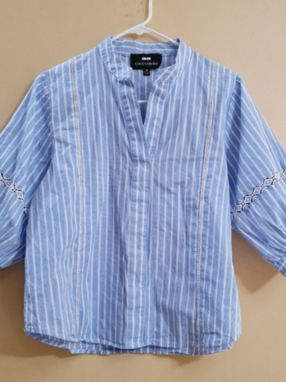 Coco Colette Women's Cotton Blue White Stripped Blouse medium v neck